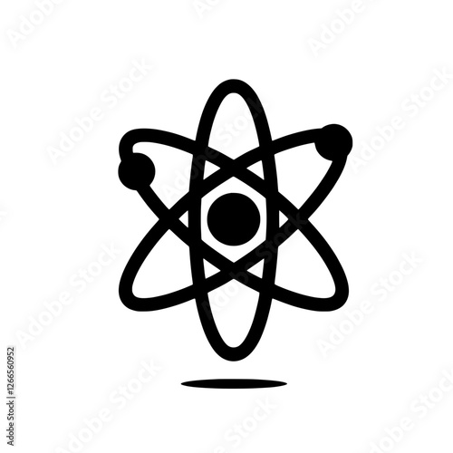 Atom Icon: A simple yet powerful black and white vector illustration of an atom, representing the fundamental building blocks of matter. Perfect for science, technology, education.