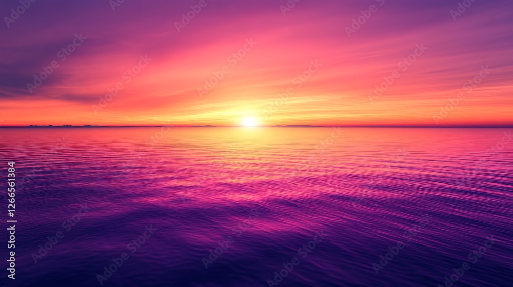 Obraz premium A breathtaking sunset over calm ocean waters, featuring vibrant shades of purple, pink, and orange. The horizon glows as the sun sinks, creating a serene and picturesque scene.