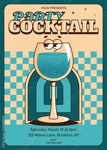 Groovy character cocktail. Retro summer party invitation poster, flyer with alcoholic or nonalcoholic drink. Vintage vector illustration for cafe, bar, pub, lounge. Blue colors