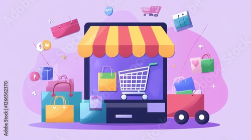 E-commerce platform flat design front view modern business theme cartoon drawing vivid. 