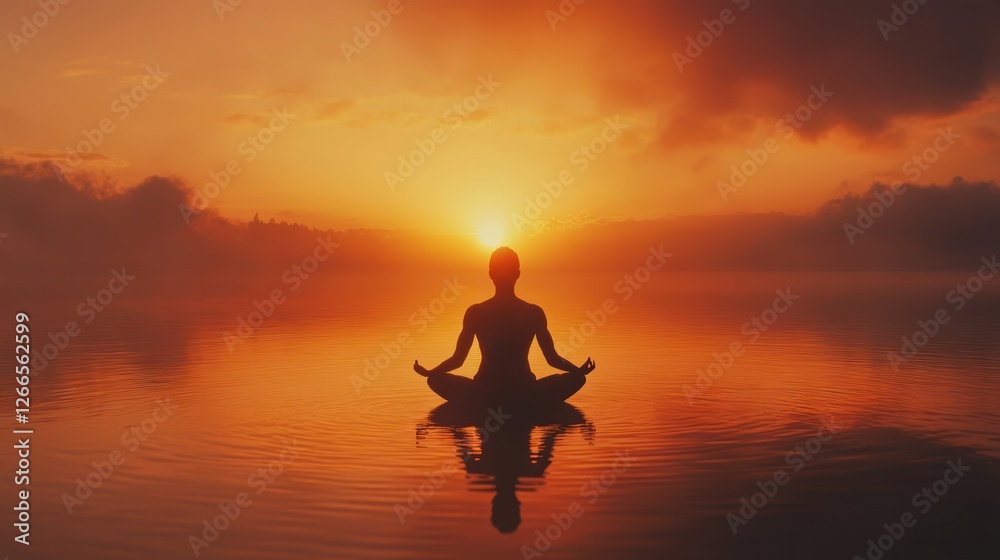 A serene silhouette meditating by a tranquil lake at sunset, promoting mindfulness and peace. A serene silhouette meditating by a tranquil lake at sunset, promoting mindfulness and peace.