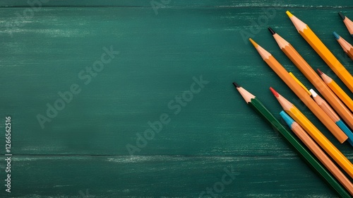 Colored Pencils on Dark Green Wooden Background