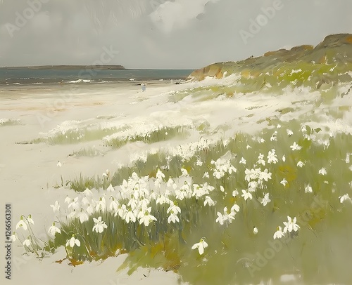 An oil painting depicts a meadow of white snowdrops with a grassy bank, dunes, and a grey sky photo