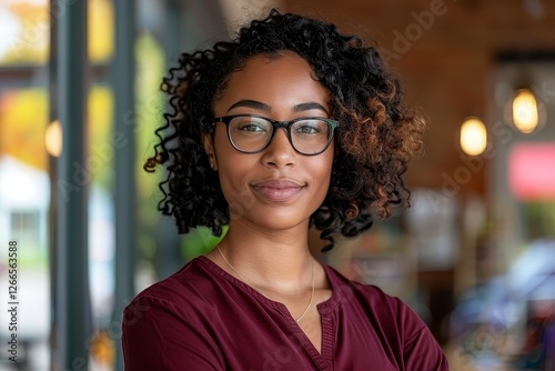 A woman with curly hair and glasses is smiling at the camera