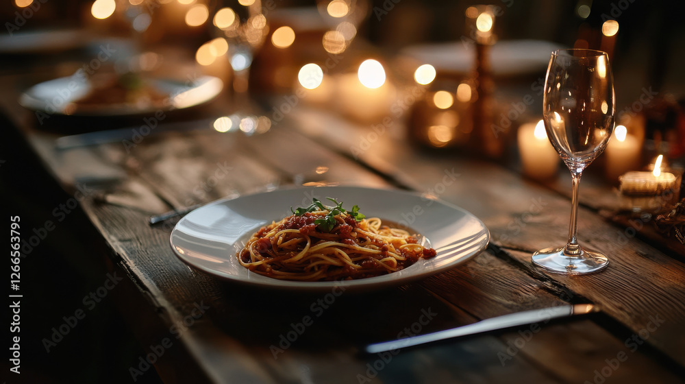 Classic Italian spaghetti with marinara sauce on table