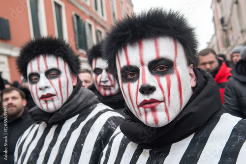 Three men with painted faces are standing in a crowd photo