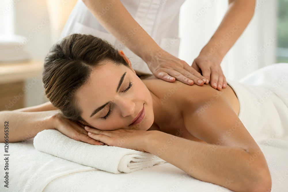 Relaxing Day Spa Session For A Woman Receiving A Massage On A White Table In A Relaxing Day Spa Session For A Woman Receiving A Massage On A White Table In A