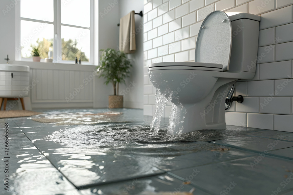 Toilet Overflow Causing Water Damage In A Tiled Bathroom. Water Damage And