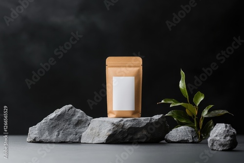 Minimalist packaging displayed on textured stones with lush gree photo