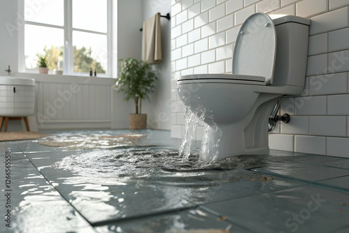 Obraz na płótnie Toilet Overflow Causing Water Damage In A Tiled Bathroom. Water Damage And w salonie