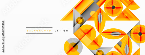 Geometric abstract composition with intersecting shapes, circles, triangles, and gradients, blending vibrant colors and dynamic contrasts to create a modern, futuristic visual design