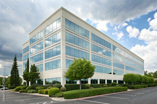 Exterior Of A Multi story Office Building With Reflective Windows Under Cloudy