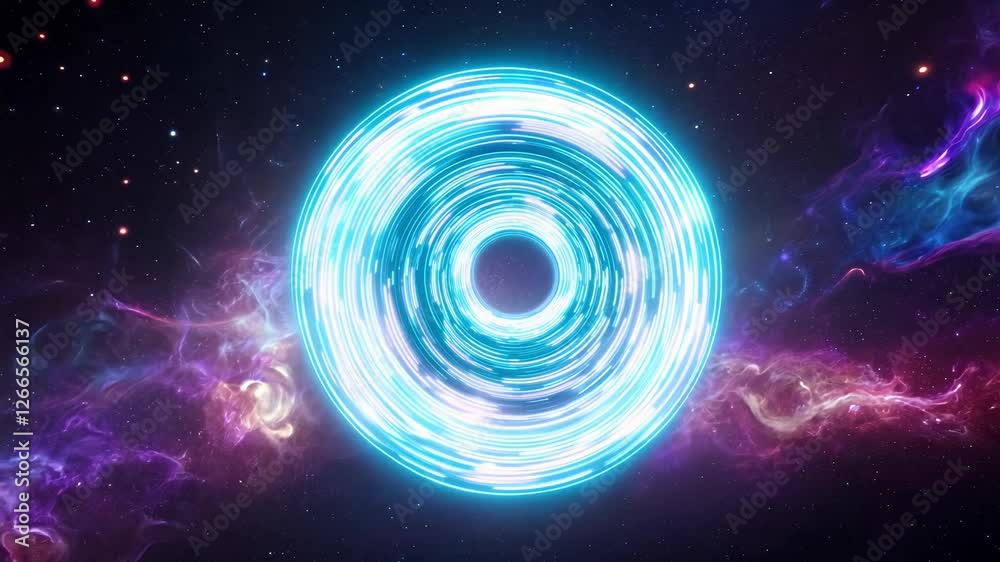 Tracking video of a luminous aqua spiral, cinematic lighting, cosmic nebula backdrop, with waves of energy, reflection of the nebula's colors in the portal