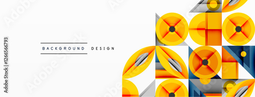 Geometric abstract composition with intersecting shapes, circles, triangles, and gradients, blending vibrant colors and dynamic contrasts to create a modern, futuristic visual design