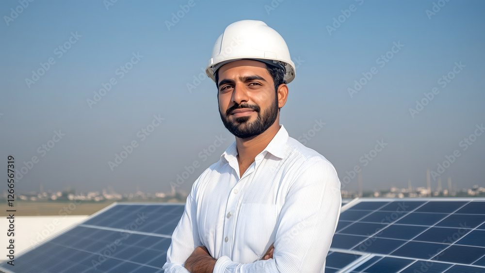 Young Indian man crossed arms in a hardhat standing against solar panels. Indian engineer, solar energy concept Young Indian man crossed arms in a hardhat standing against solar panels. Indian engineer, solar energy concept