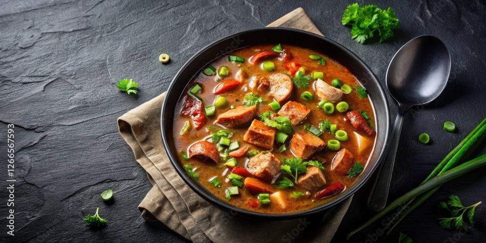 Hearty Sausage and Vegetable Stew in a Dark Bowl with Fresh Herbs Hearty Sausage and Vegetable Stew in a Dark Bowl with Fresh Herbs
