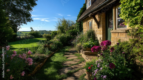 Wallpaper Mural Cozy cottage with stone pathway and vibrant flowers Torontodigital.ca