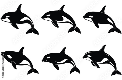 killer orca silhouettes, shark orca whale silhouette vector set