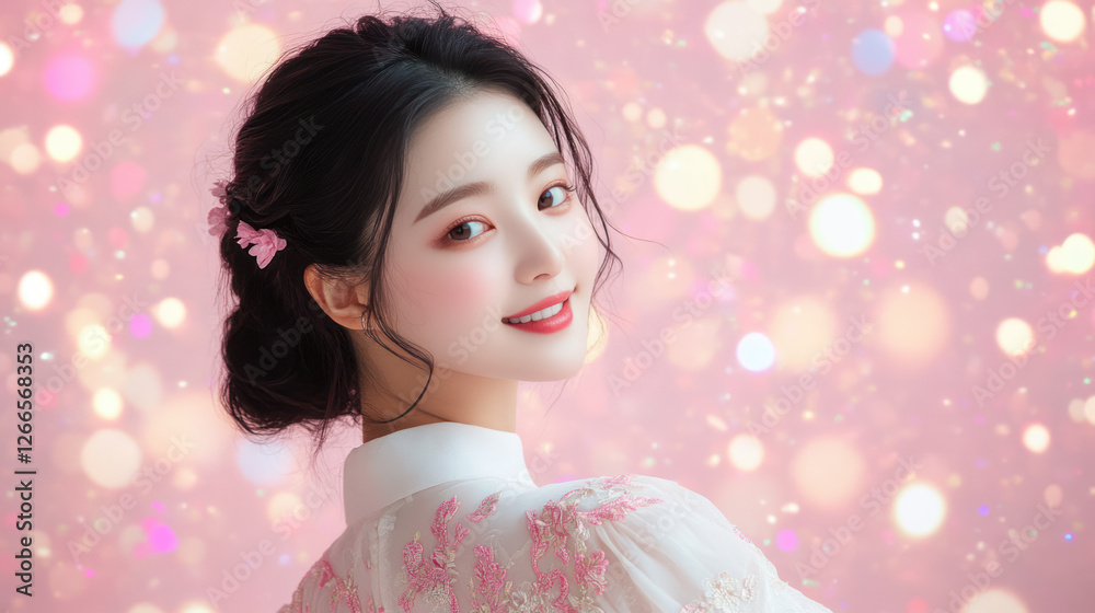 Korean woman in a gown with embroidery smiling at evening celebration festive birthday valentine Korean woman in a gown with embroidery smiling at evening celebration festive birthday valentine