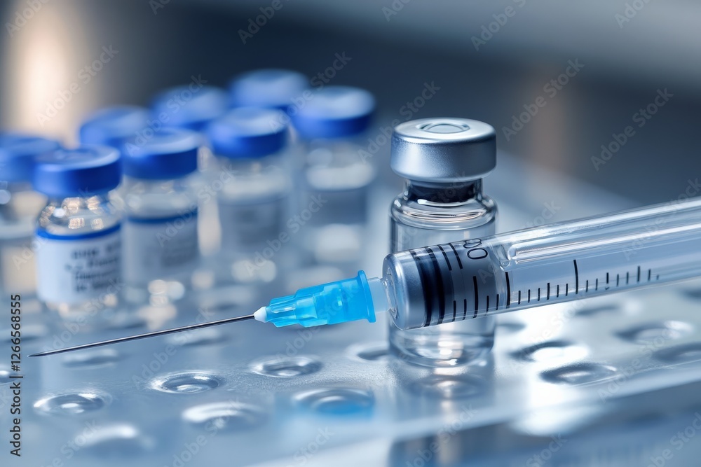 A close-up of a syringe and vaccine vial on a sterile tray, A close-up of a syringe and vaccine vial on a sterile tray,