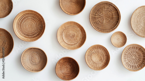 A collection of intricately woven, circular baskets in various sizes, arranged aesthetically on a white wall, showcasing natural textures and patterns.
