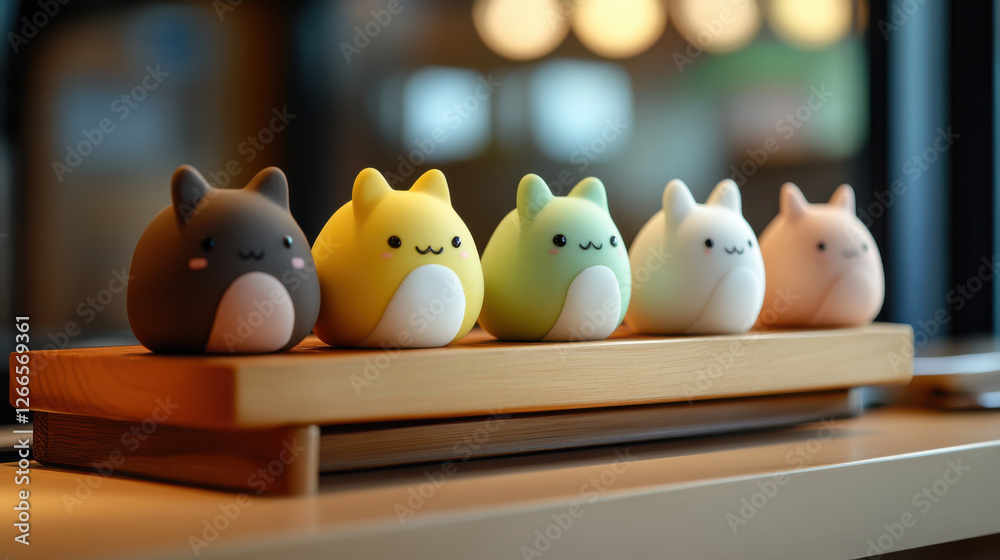 Cute animal shaped steamed buns in pastel colors on wooden tray Cute animal shaped steamed buns in pastel colors on wooden tray