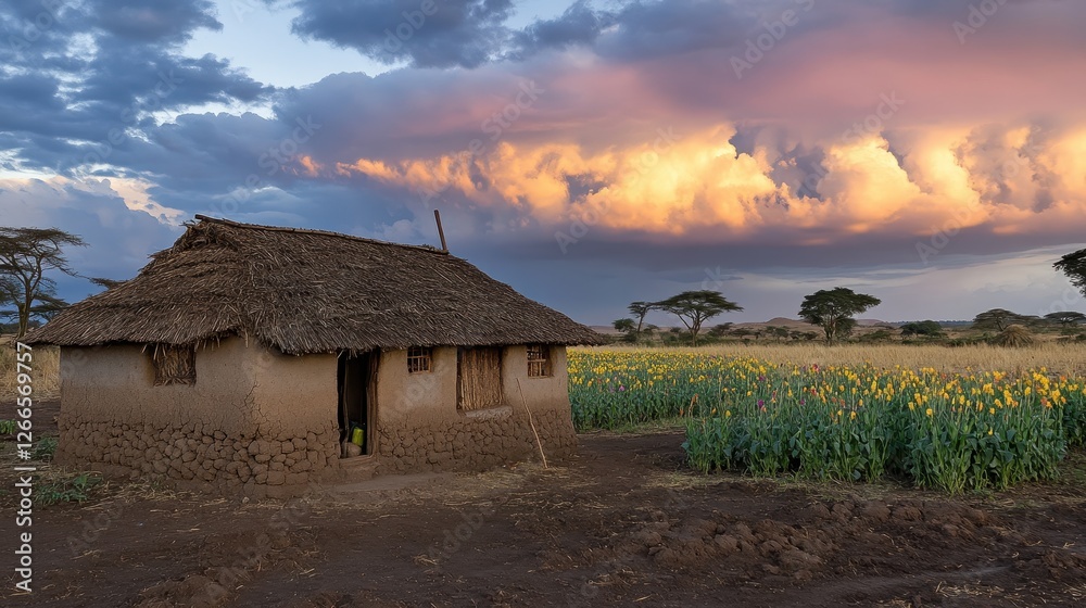 Traditional Mud House Under Dramatic Sky in Rural Landscape
