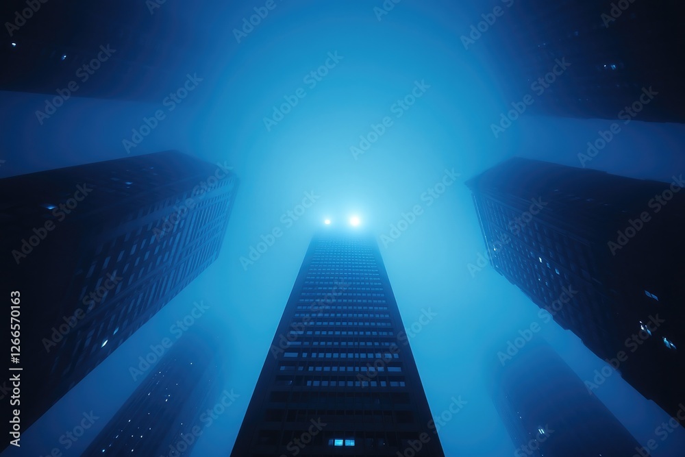 Obraz premium Mysterious urban scene with towering skyscrapers shrouded in dee