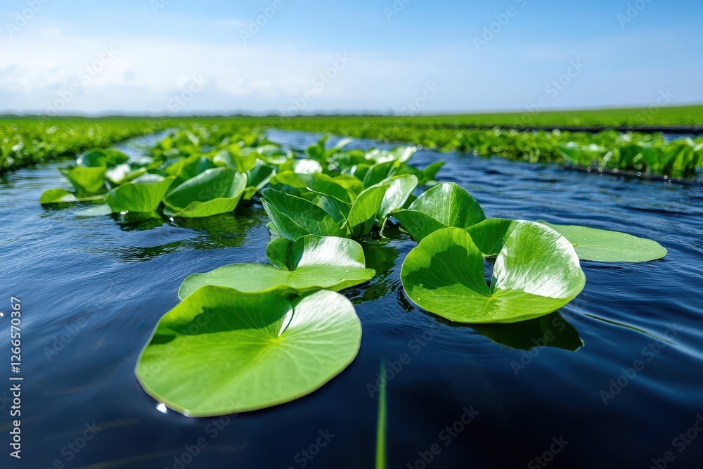 Water lily leaves floating on calm water surface in natural habitat at daytime in a peaceful environment Water lily leaves floating on calm water surface in natural habitat at daytime in a peaceful environment