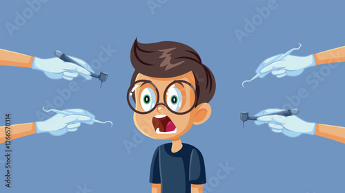 Kid Scared of the Dentist Screaming Loud Vector Cartoon Character. Screaming little boy having a panic attack during dental appointment
