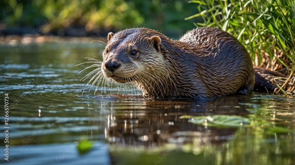 A playful otter emerging from the water, surrounded by lush greenery. A playful otter emerging from the water, surrounded by lush greenery.