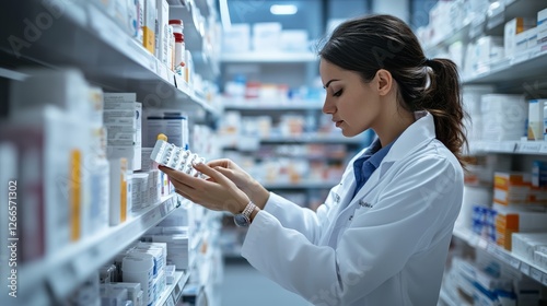 A pharmacist organizing medications on a shelf in a modern pharmacy, photo