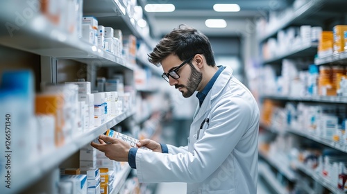 A pharmacist organizing medications on a shelf in a modern pharmacy, photo