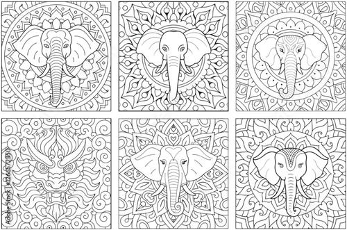 Elephant Mandala Coloring Pages: Intricate Animal Designs for Relaxation & Stress Relief, Detailed Line Art for Adults & Kids, Zentangle Style