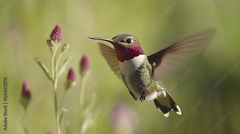 Obraz premium A hummingbird flying close to a flower