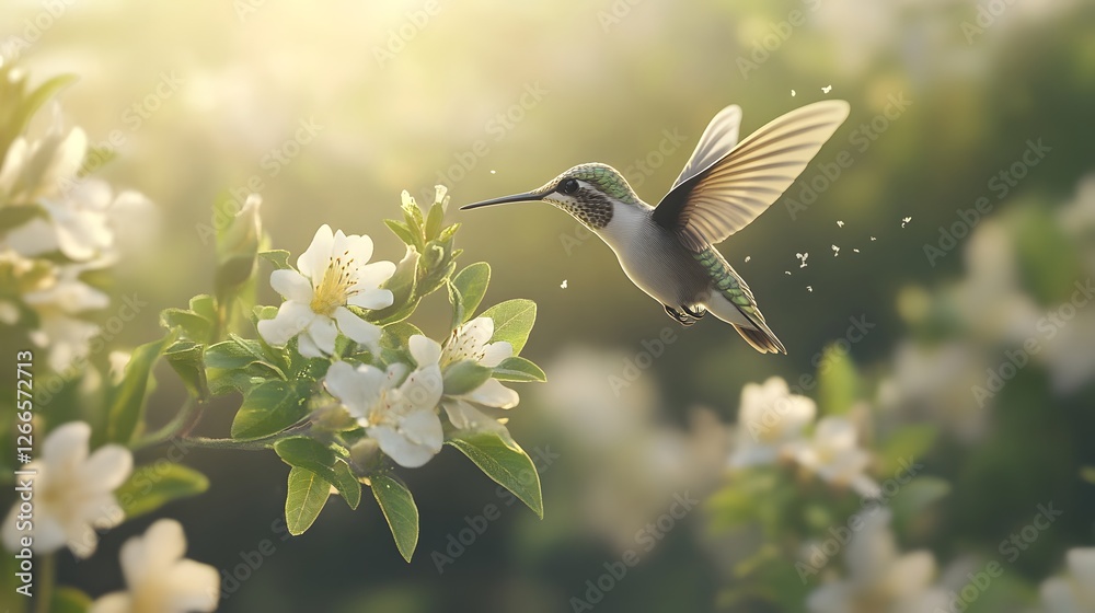 Fototapeta premium A hummingbird flying close to a flower