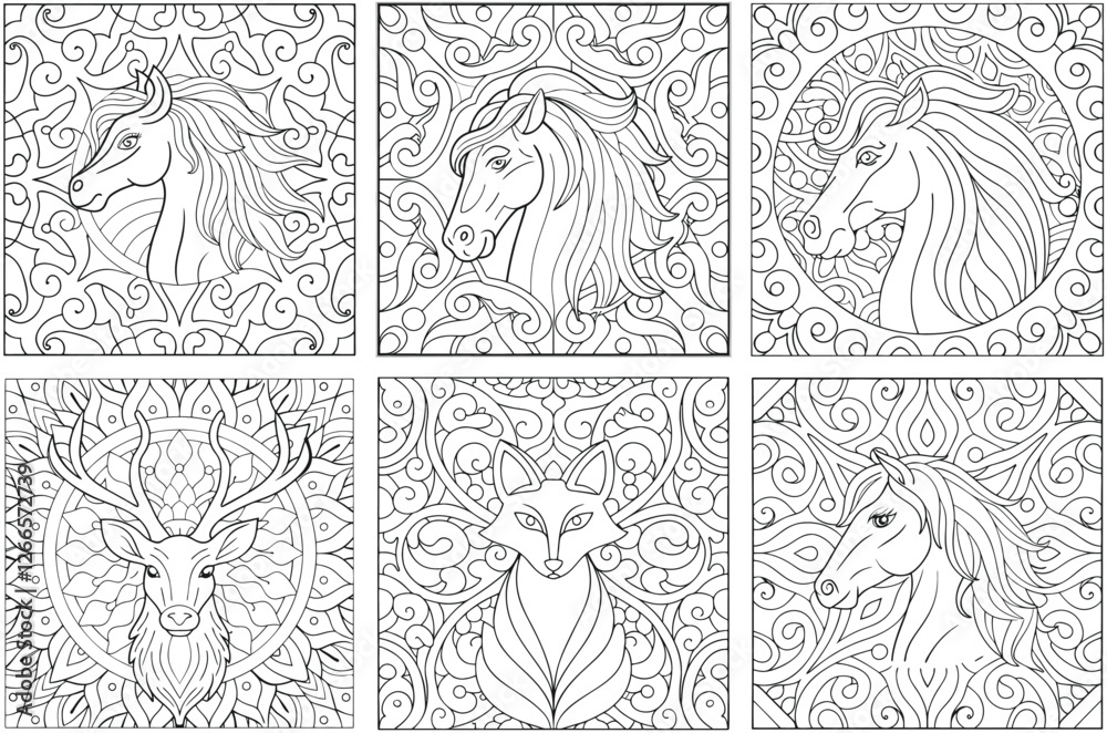 Obraz premium Detailed Animal Coloring Pages: Intricate Horse, Deer, Fox Designs for Adults, Zentangle Style, Relaxation Art Therapy, Printable Outlines