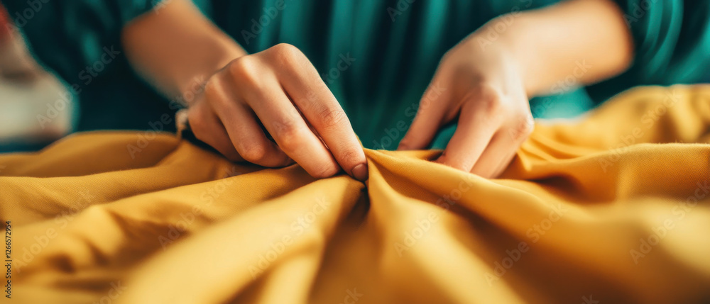 Fototapeta premium Crafting dress with hands sewing yellow fabric, showcasing creativity and skill