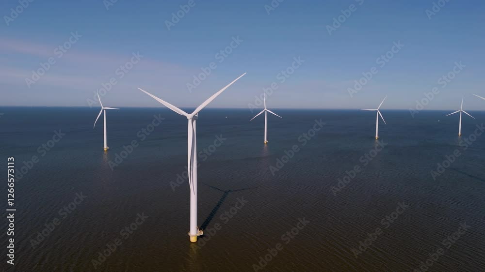 Tall windmill turbines tower above calm waters, spinning gracefully under clear blue skies. This captivating sight highlights renewable energy production in an innovative landscape in the Netherlands