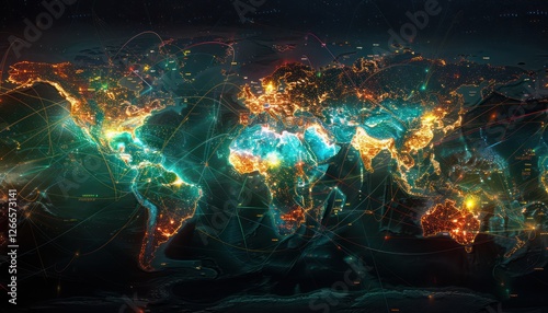 Wonderful world futuristic telecommunication network, concept about global internet connection and information, communication, security. Over view from the night sky with visual light connecting betwe