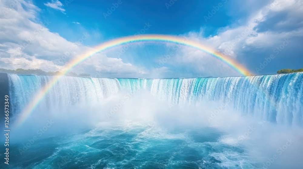 Fototapeta premium Rainbow over Niagara Falls; scenic view, tourism
