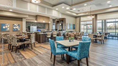 Warm dining area with modern furnishings and ample space between tables