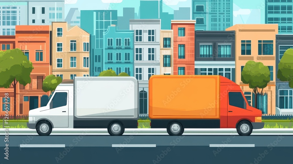 Logistics delivery flat design side view urban transportation theme cartoon drawing Split-complementary color scheme.. Logistics delivery flat design side view urban transportation theme cartoon drawing Split-complementary color scheme..
