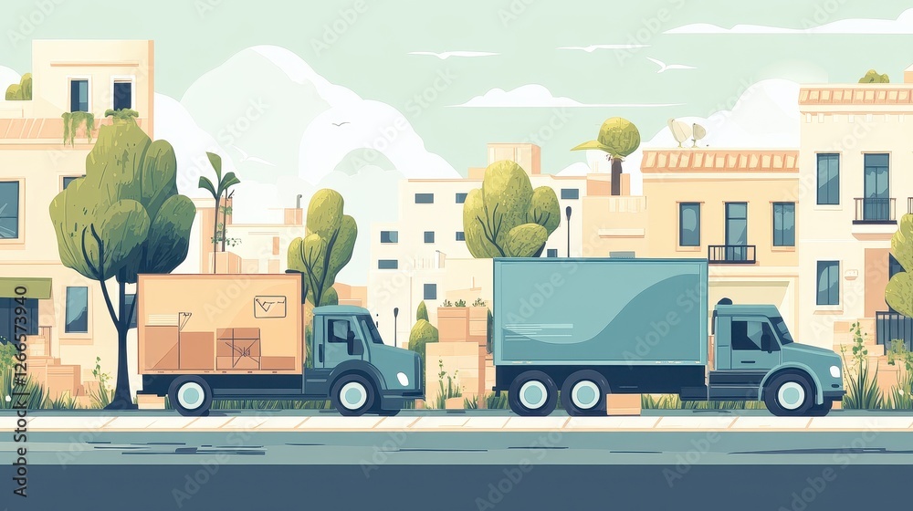 Fototapeta premium Logistics delivery flat design side view urban transportation theme cartoon drawing Split-complementary color scheme.. 