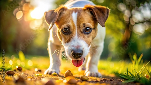 A Jack Russell Terrier enjoys its food, captured in a close-up action shot showcasing its playful nature. photo