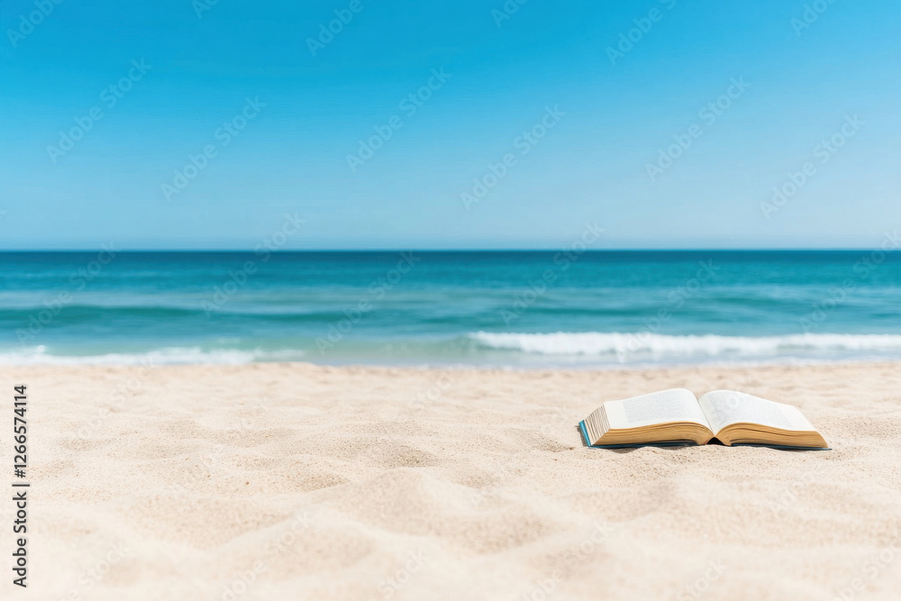 A book is laying on the sand next to the ocean A book is laying on the sand next to the ocean