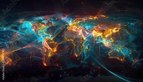 Wonderful world futuristic telecommunication network, concept about global internet connection and information, communication, security. Over view from the night sky with visual light connecting betwe