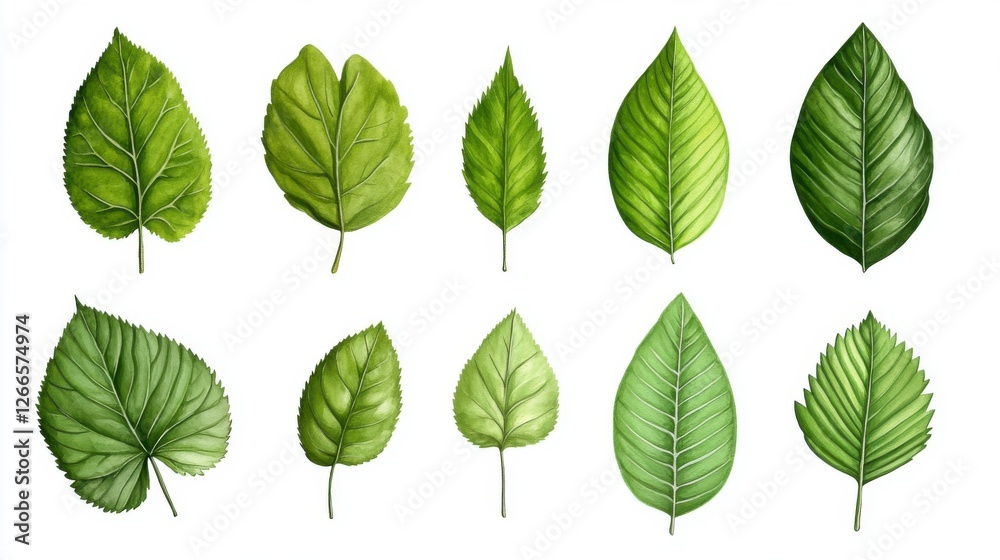 Digital Illustration of Green Leaves Various Shapes and Shades on White Digital Illustration of Green Leaves Various Shapes and Shades on White