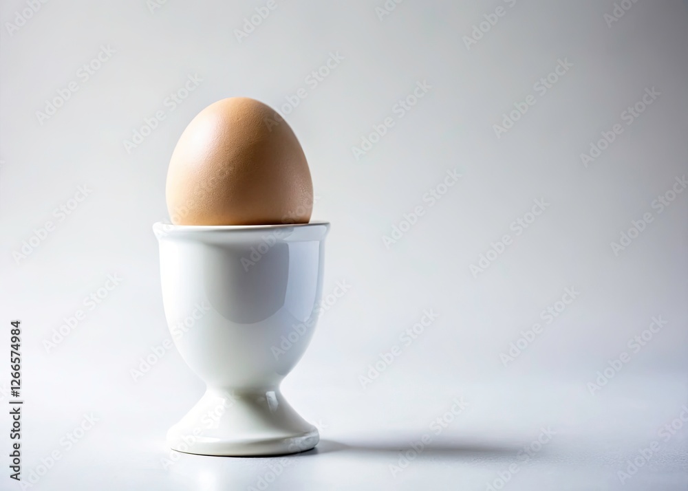 A pristine white egg rests in a minimalist ceramic egg cup, studio-shot against a stark white backdrop. A pristine white egg rests in a minimalist ceramic egg cup, studio-shot against a stark white backdrop.