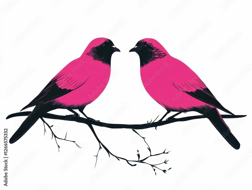 Obraz premium Two Birds on a Branch Facing Each Other Illustration